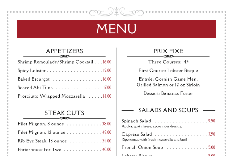 Example steakhouse menu to be scanned